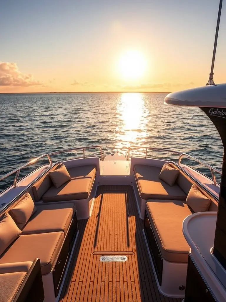 A high-resolution photo showcasing the Galeon 400 Fly's spacious flybridge, complete with comfortable seating and panoramic views of the Gulf of Mexico during a sunset cruise.