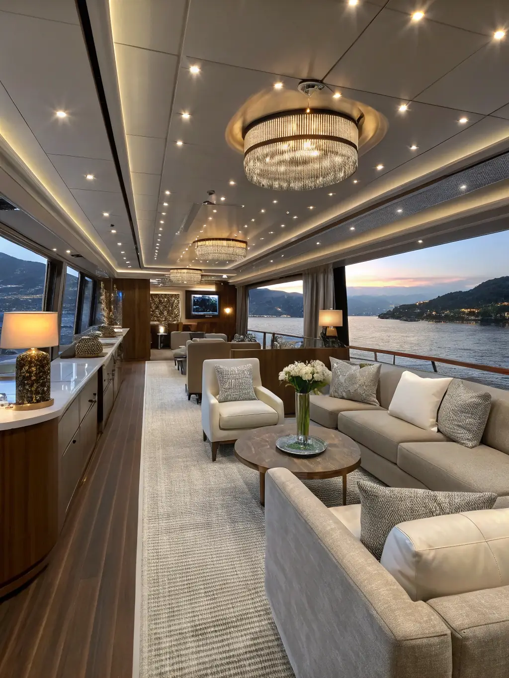 An interior shot of the Galeon 400 Fly, highlighting the luxurious salon with its plush seating, elegant finishes, and state-of-the-art entertainment system.