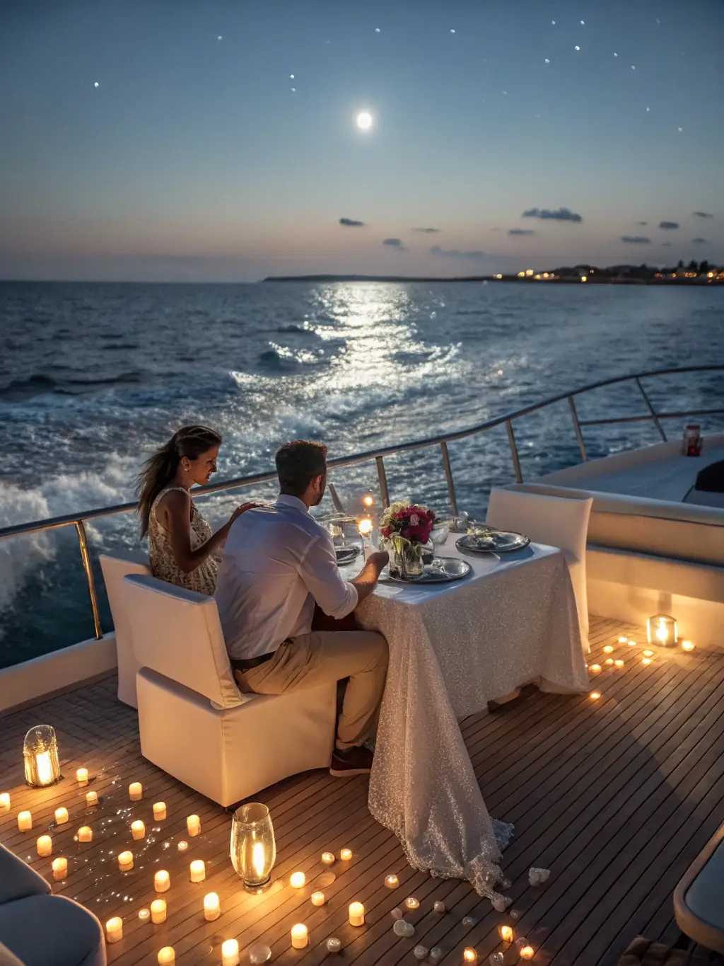 A picture of a romantic dinner setup on the deck of the Galeon 400 Fly, with candles, fine dining, and the Naples skyline in the background, representing a custom sunset dinner cruise.