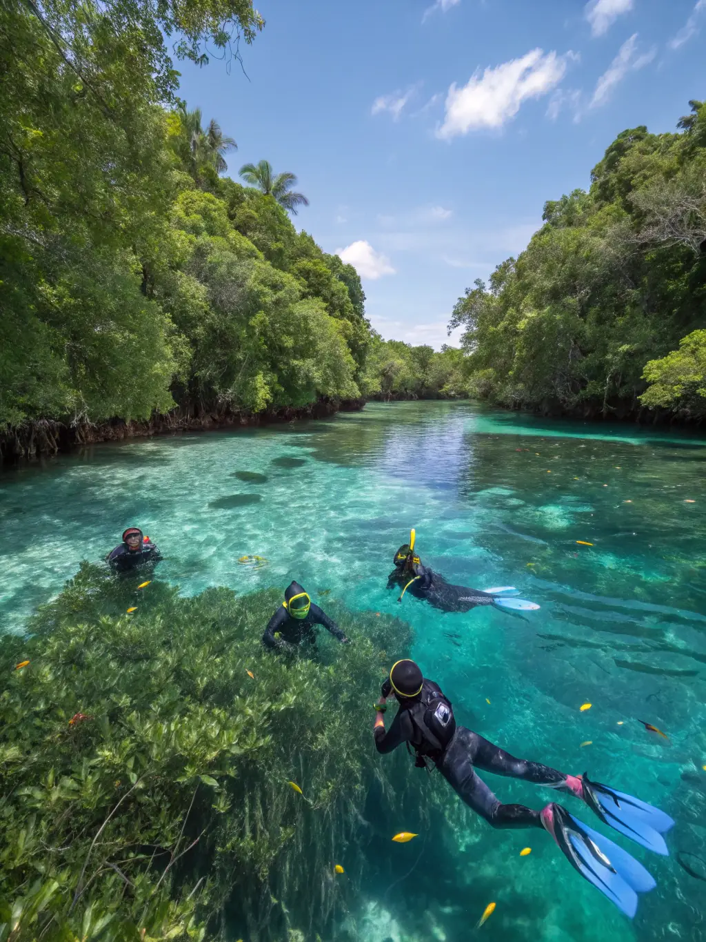 A photo of a group of people enjoying water activities, such as snorkeling or swimming, near a secluded island in the Ten Thousand Islands, accessible via a Sunset Fly charter.